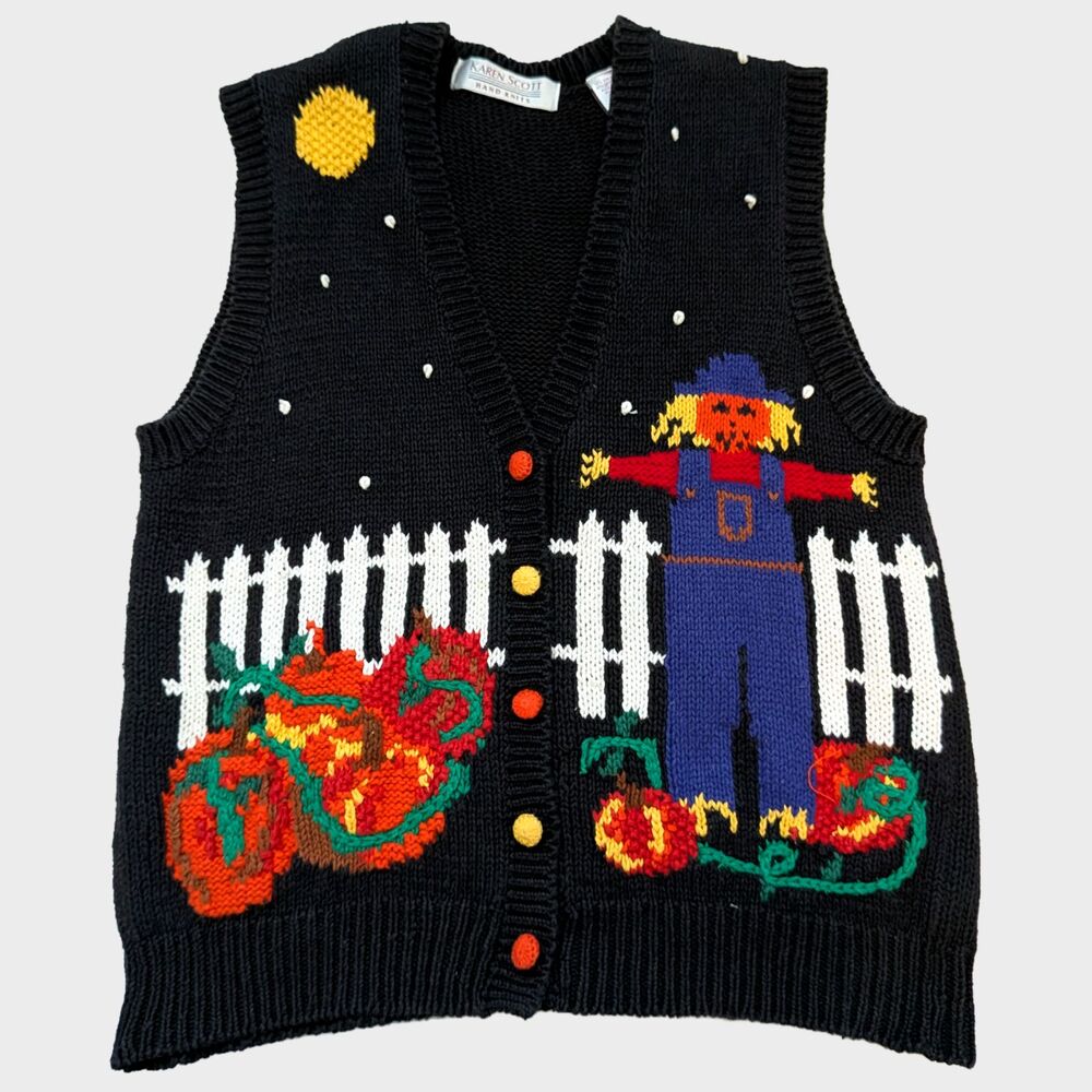 Vintage Karen Scott Sweater Vest Womens M Halloween Scarecrow Fall 90s Hand Knit